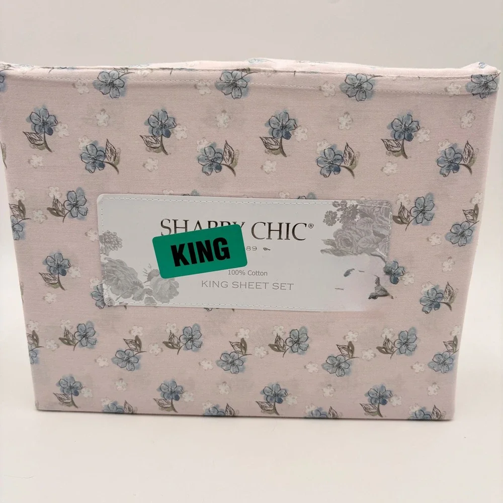 Shabby Chic King Sheet Set 100% Cotton Pink Blue Floral 4pc Cottagecore Bedding